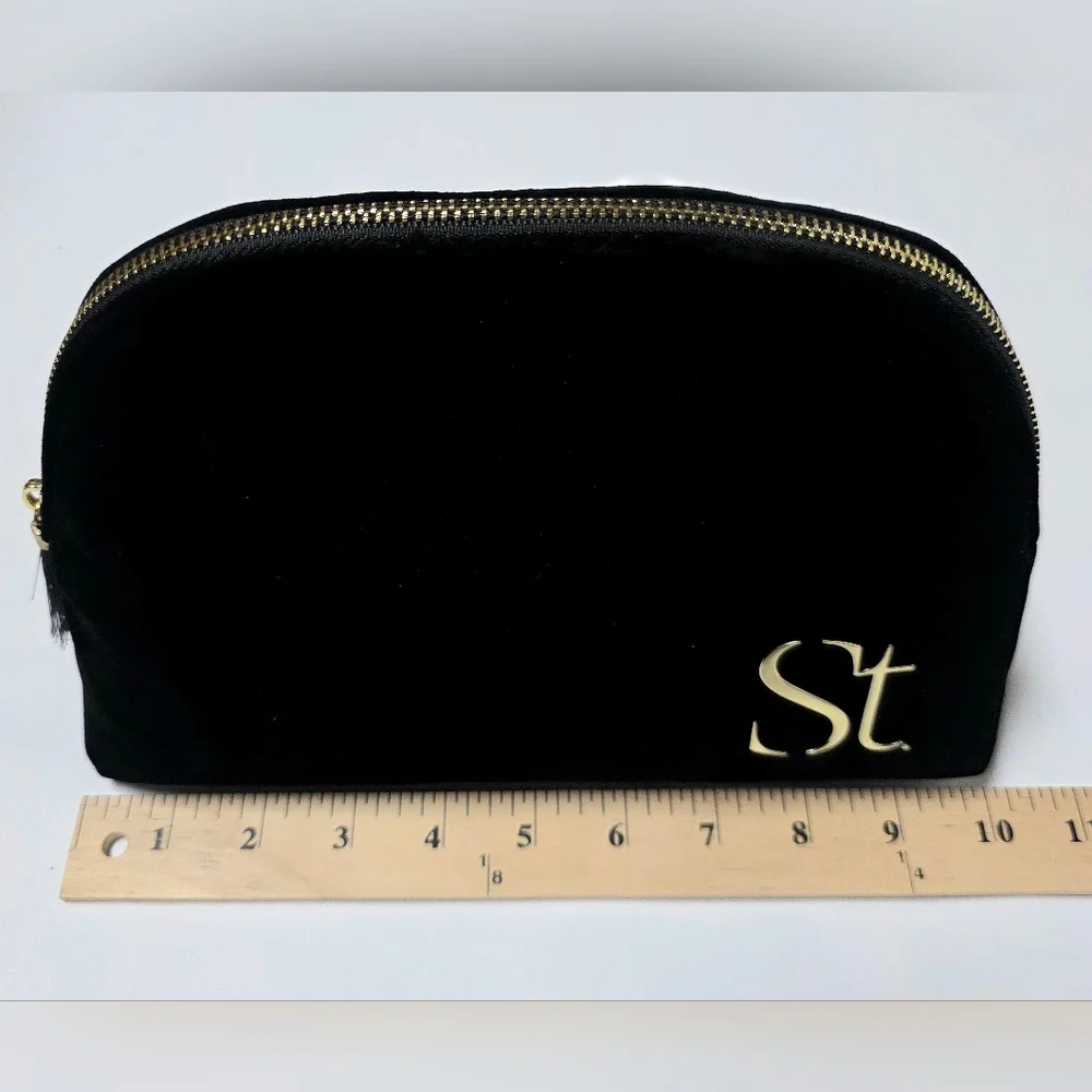 Seint Black Velvet Makeup Bag Cosmetic Pouch Gold Zip Travel Case 10”